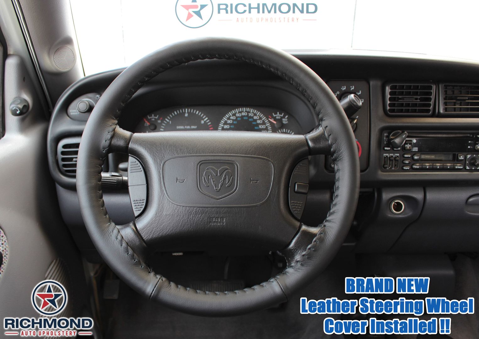 Details About For 2001 Dodge Ram 1500 2500 3500 Laramie Slt Black Leather Steering Wheel Cover