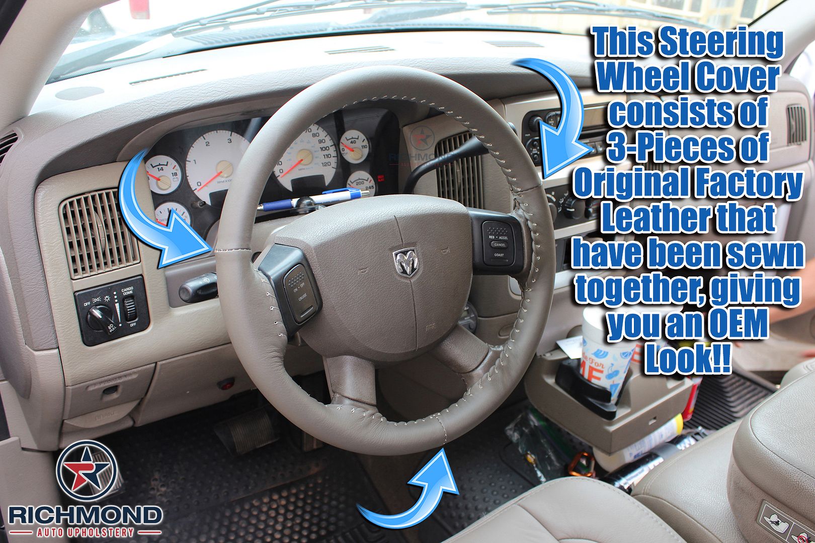 Details About For 06 09 Dodge Ram 3500 Dark Tan Leather Steering Wheel Cover W Needle Thread